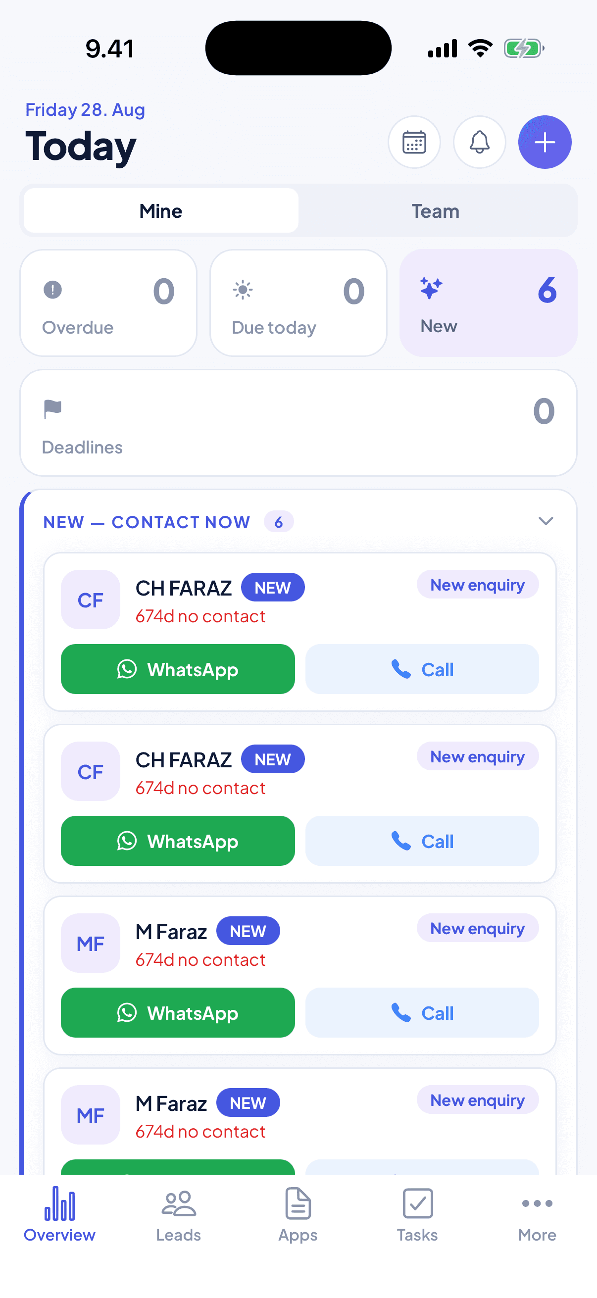 Edudex app Today screen with new leads and one-tap WhatsApp