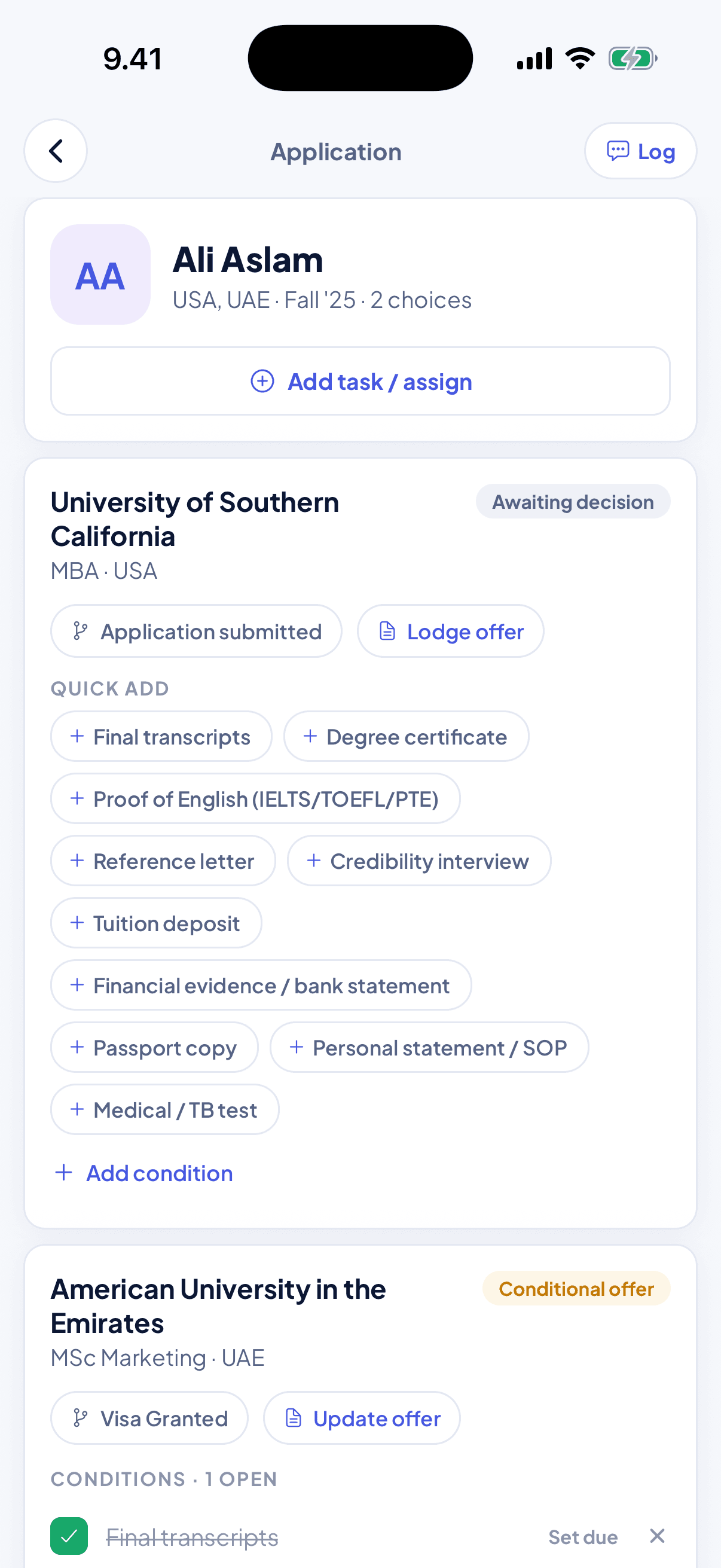 Edudex app student record with universities, offers and conditions