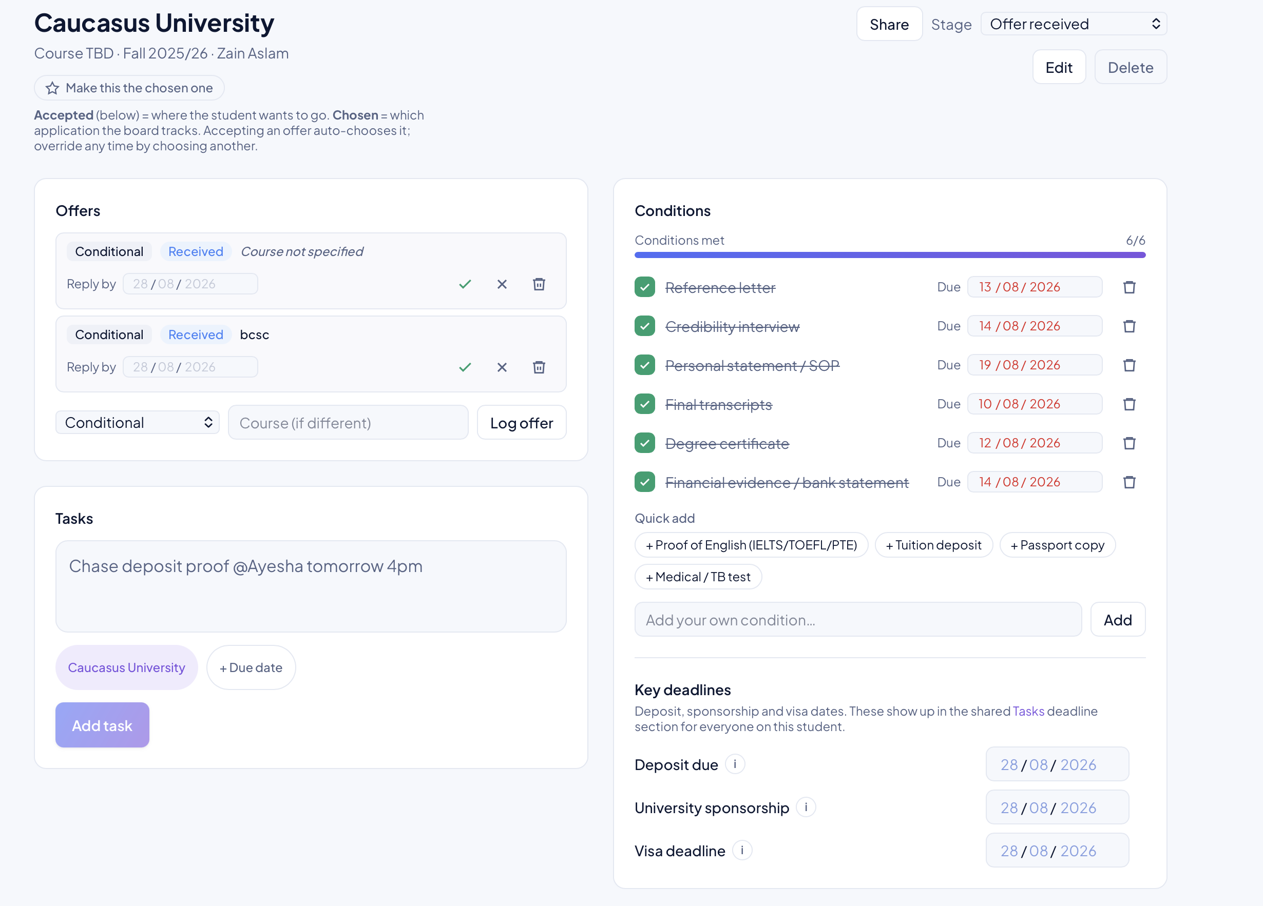 An Edudex application: offers, a conditions checklist with due dates, a progress bar, and key deadlines.