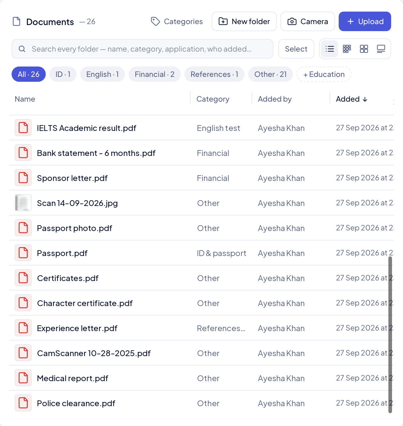 A student's documents in Edudex: every file in one list, sorted into categories like ID, English test and financial, with who added it and when.