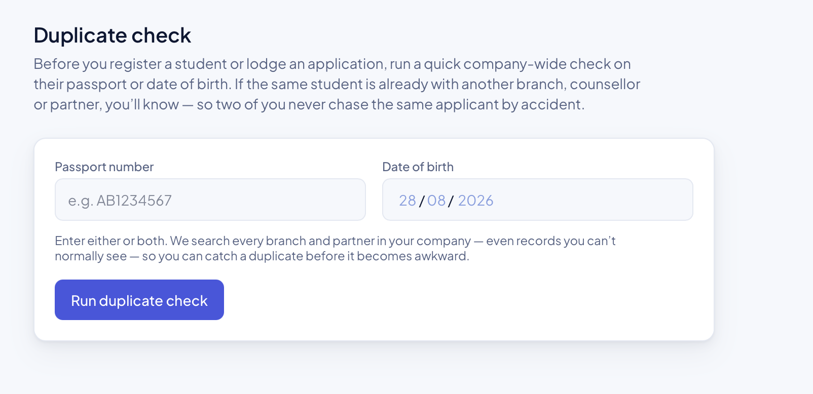 Edudex duplicate check: search the whole company by passport number or date of birth.