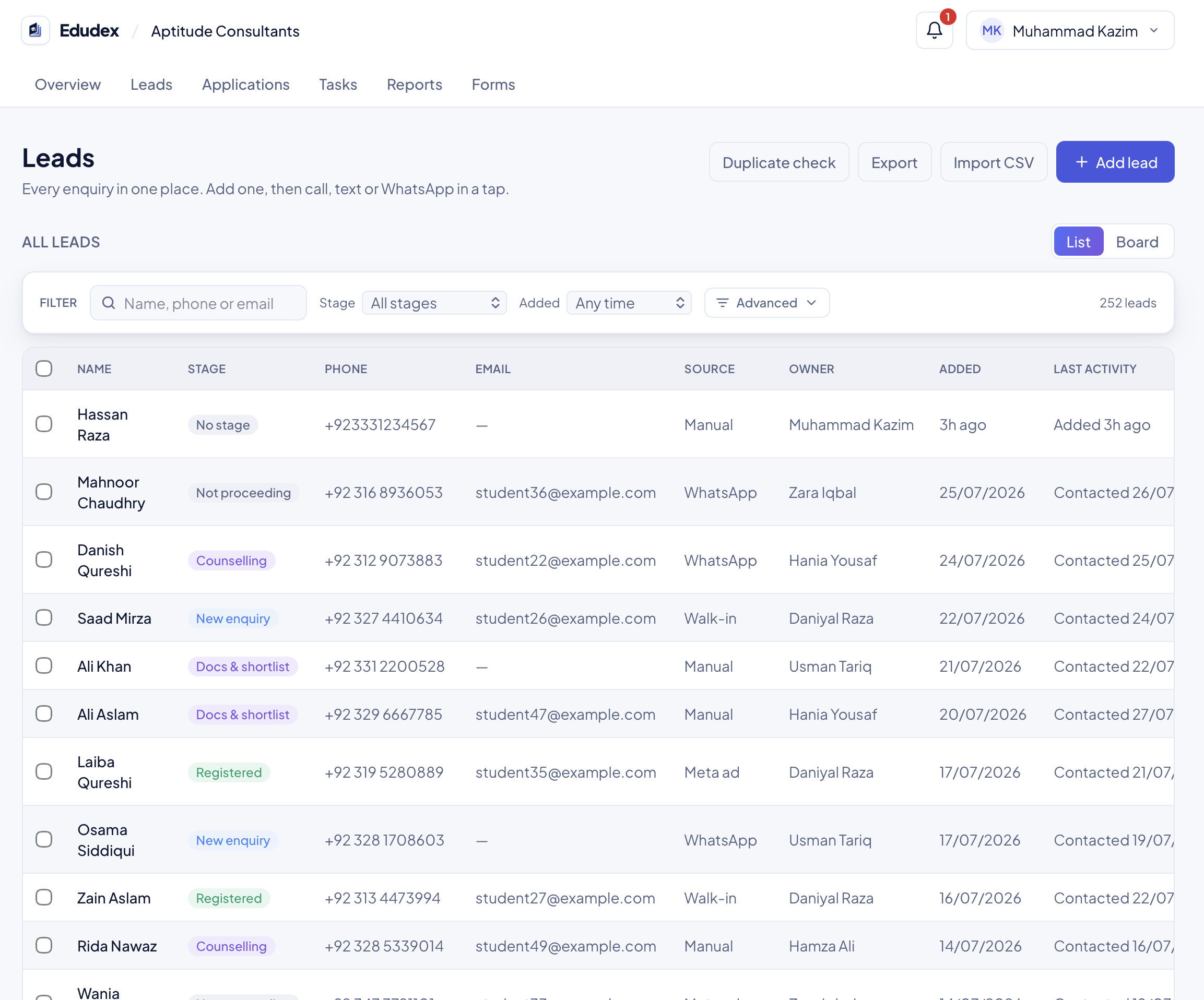 Edudex Leads list: every enquiry with name, stage, phone, source and owner in one place.