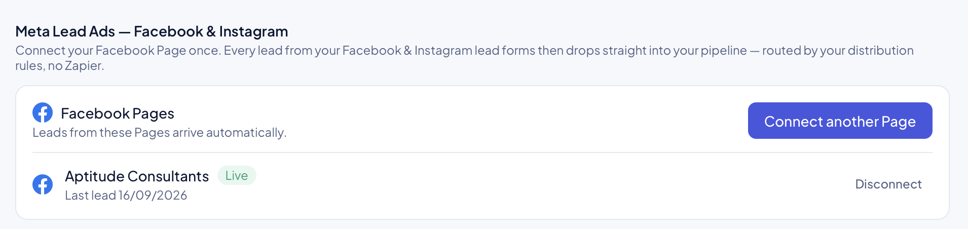 Edudex Meta Lead Ads integration: a connected Facebook Page marked Live, with leads arriving automatically.