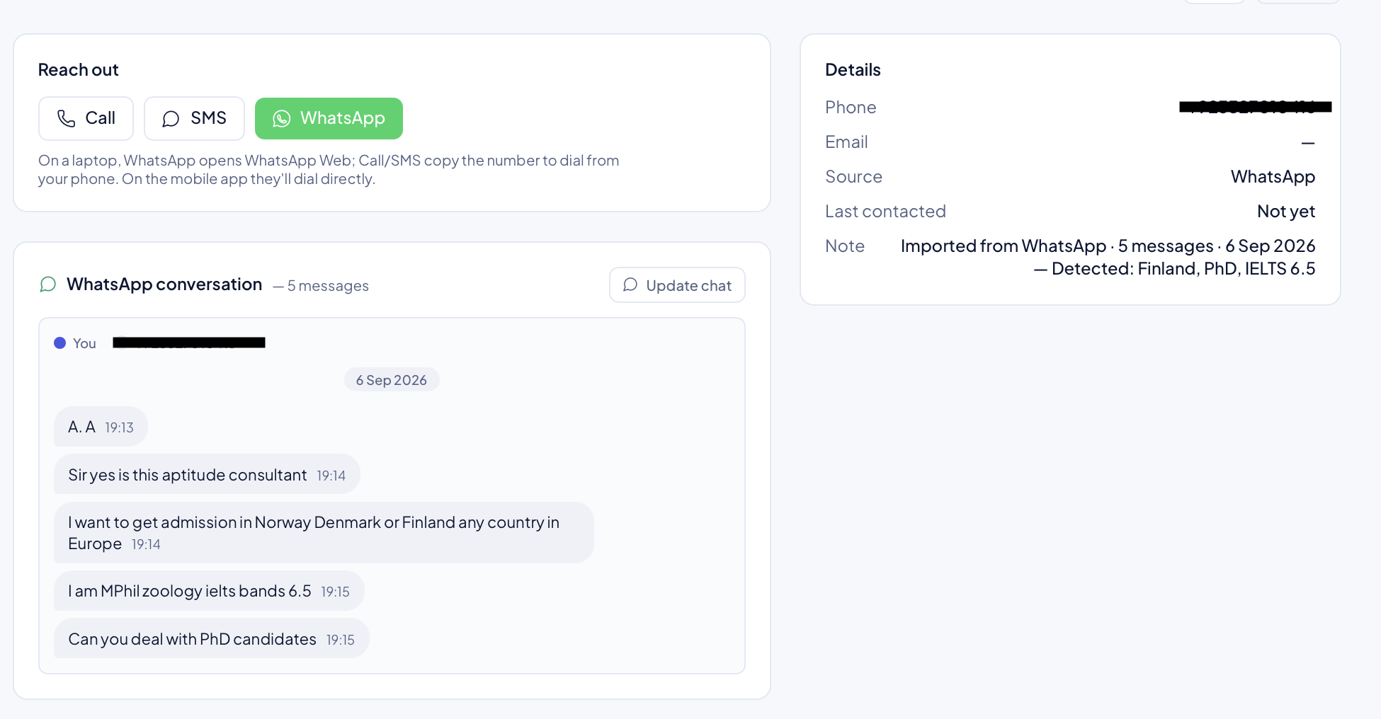 A lead imported from a WhatsApp conversation in Edudex: the saved chat, the phone number, and details detected from the messages.