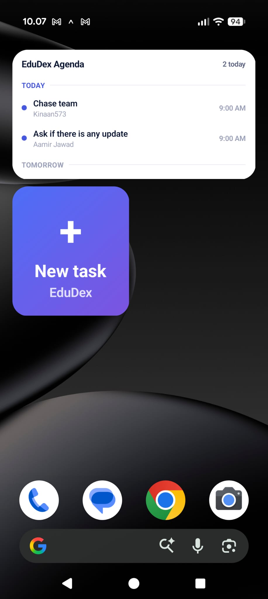 Edudex home-screen widgets on a phone: an agenda of today's tasks and deadlines, and a one-tap quick-add.
