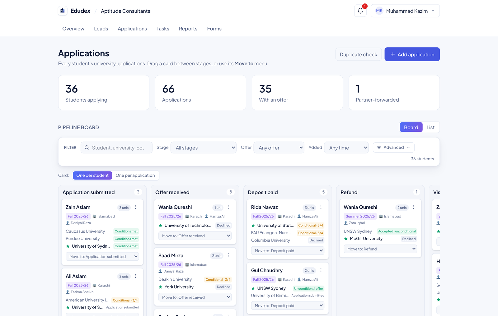 Edudex Applications board: every student's university applications grouped by stage, with live offer and condition status.