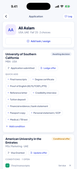 Edudex mobile student record with offers and conditions