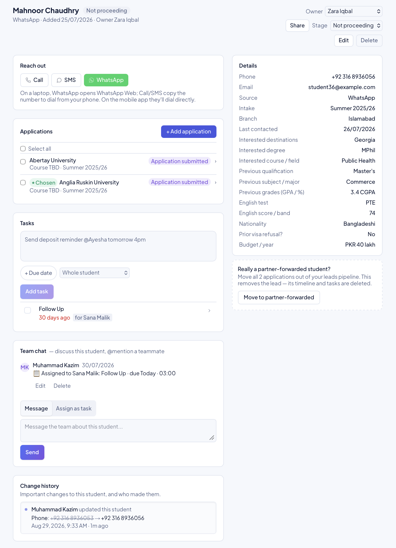 A full student record in Edudex: every university application and where it stands, the student's details, the tasks and team chat, and the change history, all on one page.